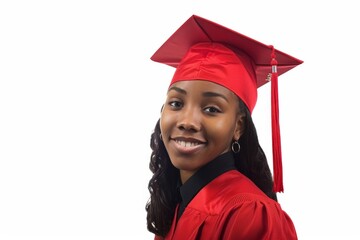 A happy graduate in cap and gown standing confidently, isolated on a white background.