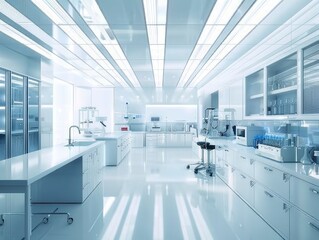 A large, clean, and sterile laboratory with a white counter and a sink - obrazy, fototapety, plakaty