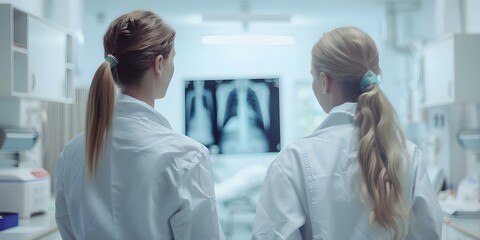 Obraz premium Female doctors examining Xray in hospital showcasing medical expertise and technology in healthcare. Concept Healthcare Technology, Medical Expertise, Hospital Setting, Female Doctors
