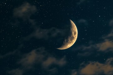 A serene night sky with a luminous crescent moon surrounded by glittering stars and soft clouds. - obrazy, fototapety, plakaty