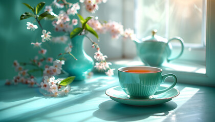 Cozy morning tea setup with a cup of tea on a windowsill, soft light, and blooming flowers, creating a tranquil atmosphere, concept for the International Tea Day