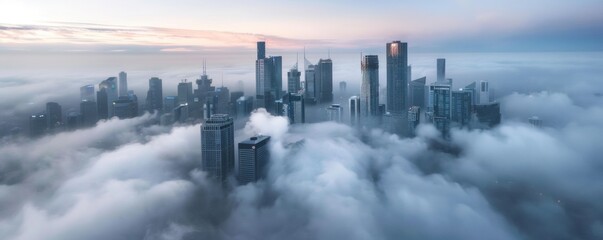 Morning fog wraps a cityscape