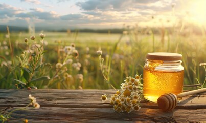 A jar of fresh honey with a wooden honey dipper on rustic wood - obrazy, fototapety, plakaty