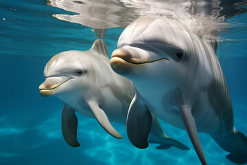 Dolphin performance in dolphinarium aquapark best friends with people swimming together Generative AI picture