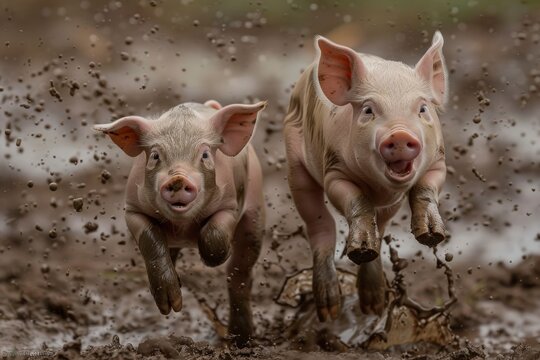Two pigs are running through mud and water