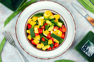 Fresh vegetable salad with runner beans in bowl - 774214082