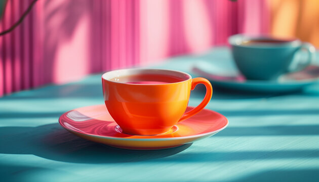 Orange cup of tea with saucer on a blue table with pink background, concept for the International Tea Day