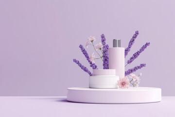 Cosmetics package mock up on a purple background. AI generative