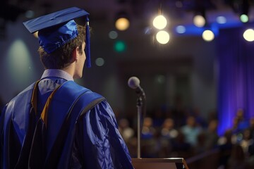 A student stands confidently on stage, delivering a heartfelt speech to fellow graduates at the graduation ceremony. - obrazy, fototapety, plakaty