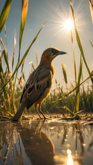 The image can be named Birds at Sunset by the Lake, capturing the essence of a bird in a natural setting during a beautiful sunset by the water - obrazy, fototapety, plakaty