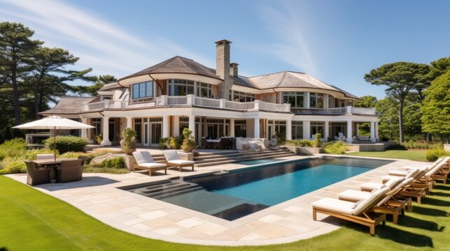 Mediterranean inspired villa with a sprawling garden and a private beach access in the exclusive Hamptons, New York