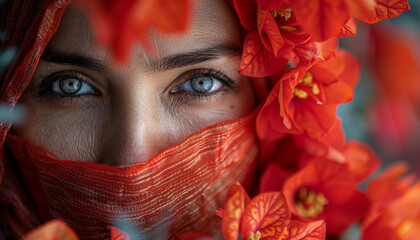 Close-up of a woman's face with blue eyes, partially covered by a red floral veil, concept for the International Widows' Day