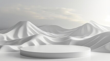 Round podium for product display with landscape ambient occlusion background.