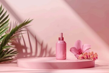 Obraz na płótnie Canvas Cosmetics package mock up on a pink background. AI generative