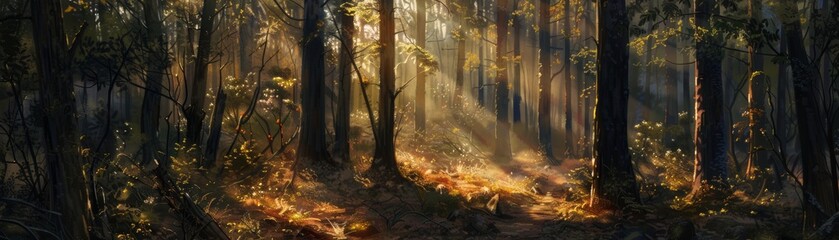 Rays of the setting sun pierce through a dense forest - obrazy, fototapety, plakaty