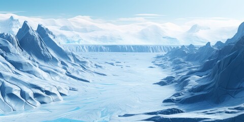 Amidst the icy terrain, glaciers carve their way through the landscape, creating a scene of serene grandeur.