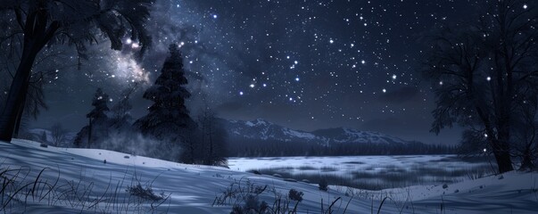 Silent vigil of stars over an undisturbed snowy landscape - obrazy, fototapety, plakaty