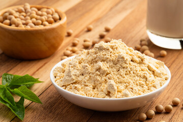 Instant soy milk powder in white plate,Alternative milk,healthy concept.