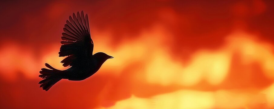 Silhouette of a bird in flight at sunset