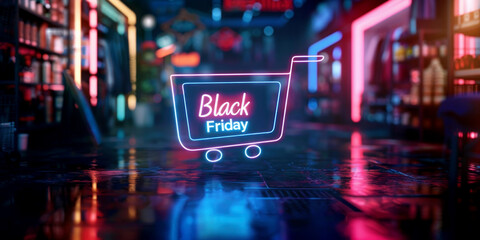 A shopping cart as a neon sign with "Black Friday" in neon letters