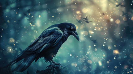 Black crows in misty forest. Fantasy world. Crow and magic atmosphere