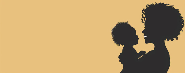 Cute african american black latina mother and child daughter son silhouette yellow background mother's day family love copy space illustration - obrazy, fototapety, plakaty