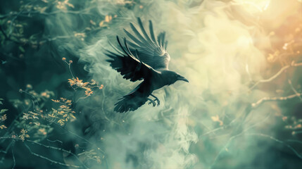 Black crows in misty forest. Fantasy world. Crow and magic atmosphere
