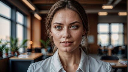 portrait of attractive businesswoman looking at camera while working in office - obrazy, fototapety, plakaty