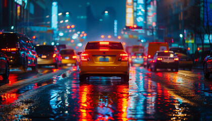 Rear view of a car driving on a wet road at night, city lights reflecting on the surface, concept for the UN Global Road Safety Week