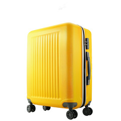 Illustration of a yellow box. Yellow suitcase on wheels on a white transparent background.