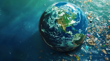 Planet Earth surrounded by space debris and waste illustrating environmental pollution - obrazy, fototapety, plakaty
