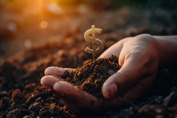 A creative representation of financial growth, with hands cupping a sprouting plant emerging from a golden dollar sign embedded in soil, illustrating investment and prosperity - Powered by Adobe