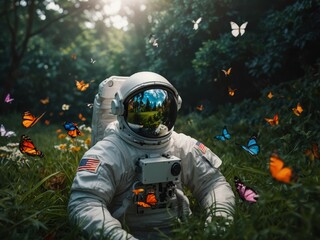 Astronaute en mode détente dans l'herbe entouré de papillons - obrazy, fototapety, plakaty