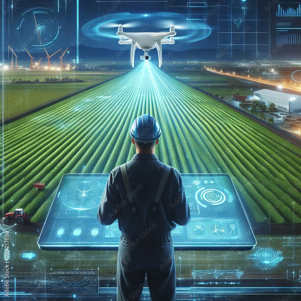 Poster a farmer utilizes a drone to oversee a vast farmland, highlighting the integration of advanced techn