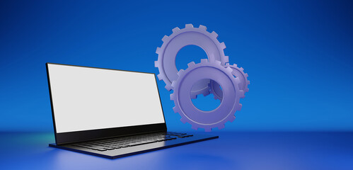 Gears. Computer service concept. Gearing on laptop. 3d render