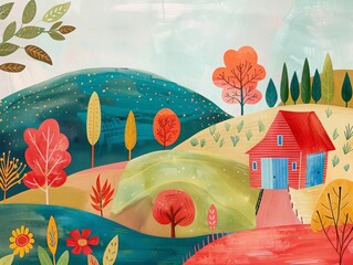 A red farmhouse on the background of a summer landscape. A red farmer's barn, blue sky, green fields and flowers. Book illustration in a flat style.