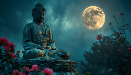Serene buddha statue in meditation under the glow of the vesak full moon with flowers in the...