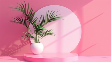 Fototapeta na wymiar 3D round podium of pink background with plant in pot. Bright pastel pink podium or pedestal backdrop. AI generated
