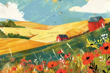 Gordijnen A red farmhouse on the background of a summer landscape. A red farmer's barn, blue sky, green fields and flowers. Book illustration in a flat style. © Olga