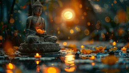 Serene Buddha statue with glowing candles and petals during vesak, the day of the full moon