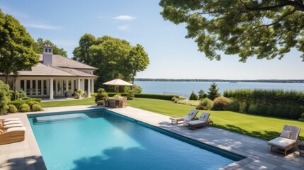 Obraz premium Mediterranean inspired villa with a sprawling garden and a private beach access in the exclusive Hamptons, New York