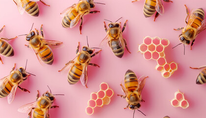 Honeybees on pink background with honeycomb pattern, concept for the World Bee Day