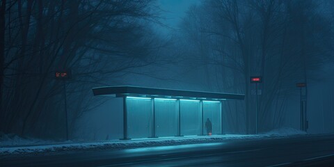 A deserted winter bus stop stands still. - obrazy, fototapety, plakaty