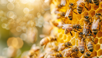 Honeybees on honeycomb with golden honey, close-up, in natural sunlight, concept for the World Bee Day - obrazy, fototapety, plakaty