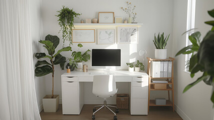 A well lit home office space with a sleek desk, surrounded by vibrant houseplants.