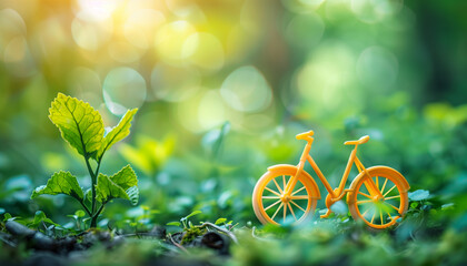 Miniature orange bicycle model in a lush green forest setting with soft sunlight and bokeh effect, concept for the World Bicycle Day