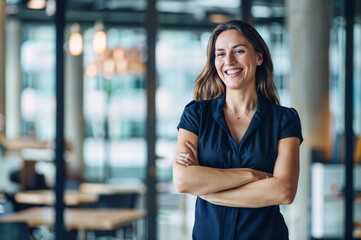 femme d'affaires en tenue bleu souriante posant debout bras croisés dans les locaux de son entreprise, arrière plan flou