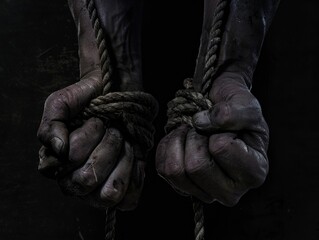 Two hands are tied together with a rope - obrazy, fototapety, plakaty