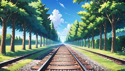 A Train track alongside trees in sunny summer day. - obrazy, fototapety, plakaty