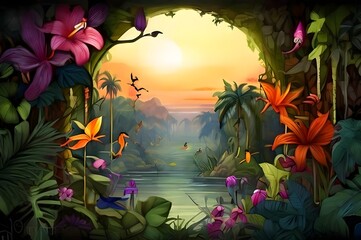 landscape with a tree, sunset over the lake beautiful Painting. Generated AI